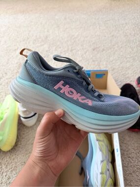 Hoka Women's Light Blue Gray Running Shoe with Pink Logo